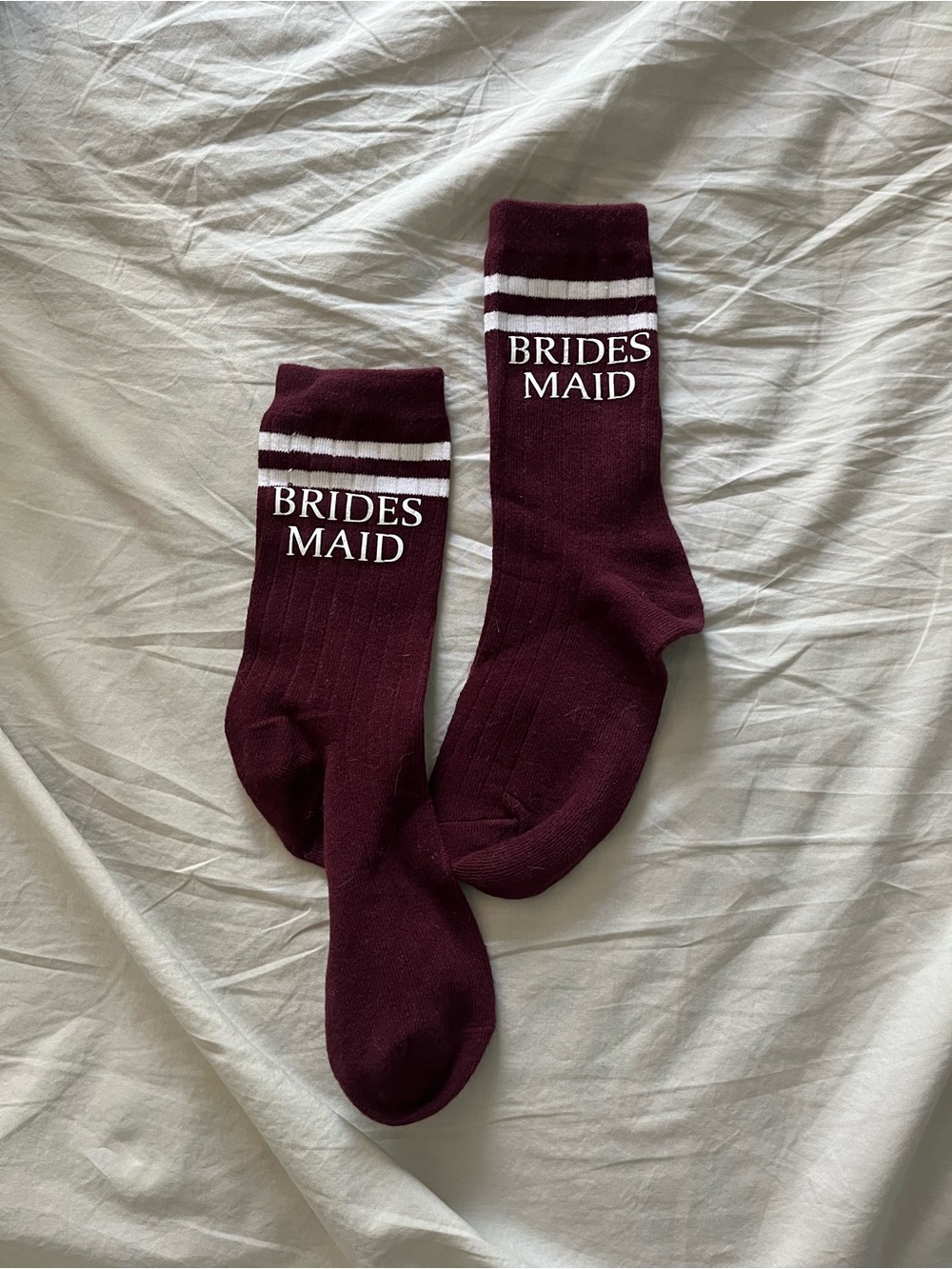 Bridesmaid Maroon Crew Socks with White Stripes